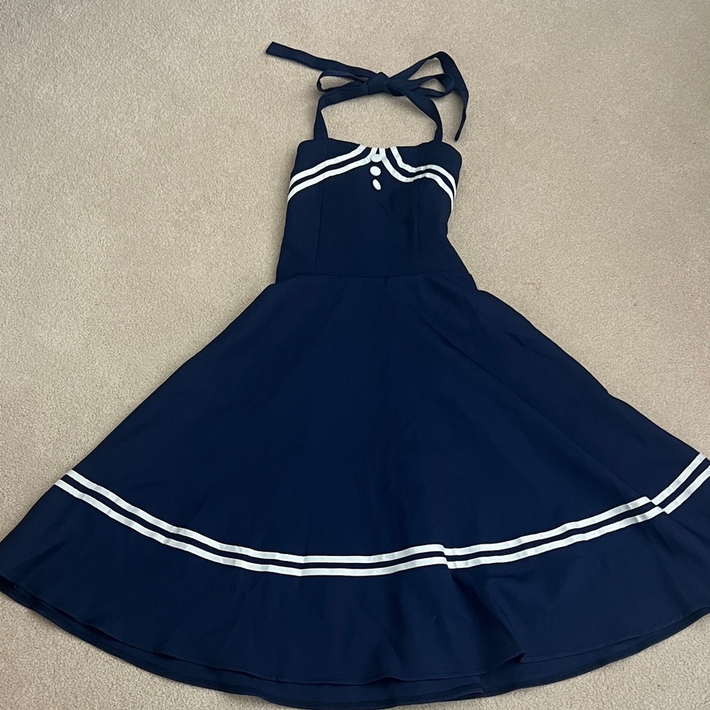 Elegant Navy Blue Women's Dress with White Trim